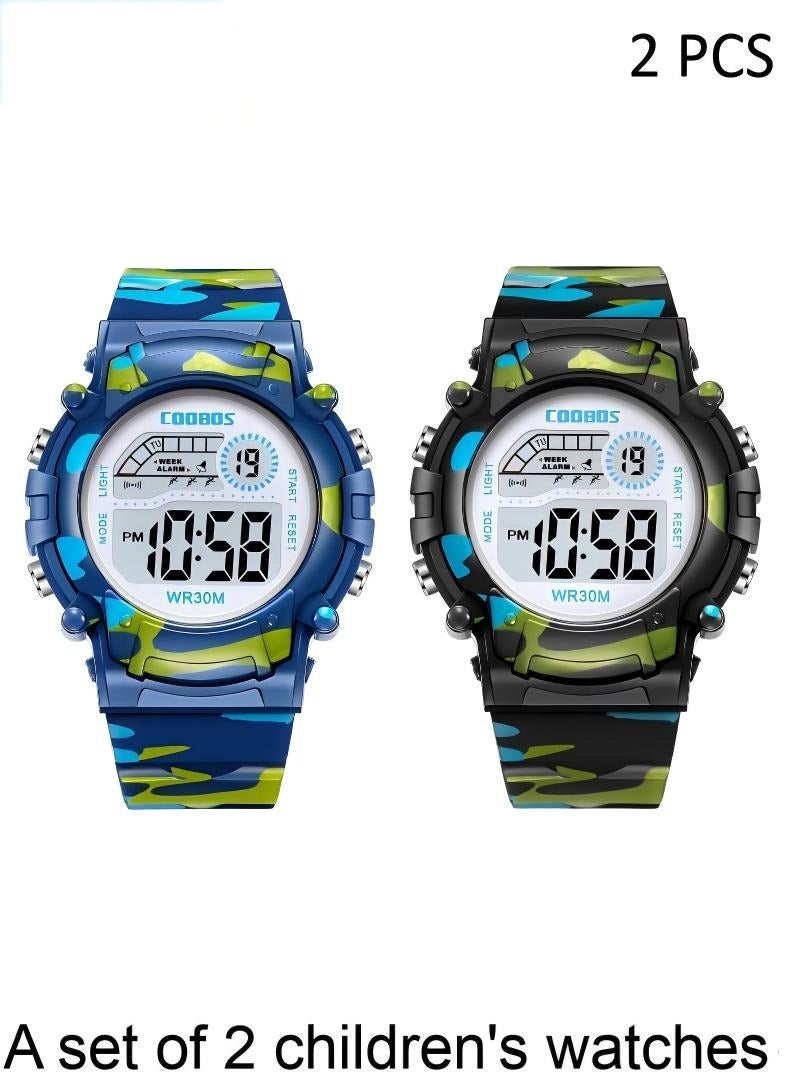 COOBOS 2 PCS Children's Waterproof Rubber Digital Watch (Black/Blue) - Image 1